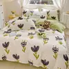 Juego de Cuatro Piezas de Algodón Cepillado Espeso Fresco y Sencillo para Dormitorio, Sábana Amigable con la Piel, Funda de Edredón, Funda de Colcha de Algodón Lavado, Juego de Cama de Tres Piezas