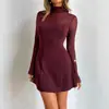 Vestido Mini Elegante de Color Sólido de Cuello Alto Ajustado Transparente de Manga Larga Línea A para Mujer [Exclusivo Transfronterizo] Estilo Europeo y Americano