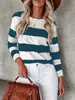 Camiseta Casual de Manga Larga con Rayas Estampadas y Cuello Redondo, Nueva Moda Primavera y Otoño, Transfronteriza Europea y Americana para Mujer