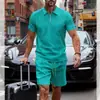 Verão Novo Estilo Europeu e Americano Transfronteiriço Masculino Casual Cor Sólida Polo Gola com Zíper Camisa Conjunto de Manga Curta