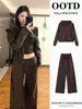 Conjunto deportivo casual estilo Maillard perezoso para mujer, temporada otoño e invierno, sudadera ajustada, chaqueta, pantalones de pierna ancha, conjunto de tres piezas