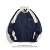 Chaqueta de cuello alto con costuras de color en contraste retro japonesa para hombre, chaqueta informal holgada de estilo universitario a la moda para primavera y otoño para pareja