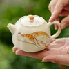 Tetera Pequeña de Cerámica con Esmalte Beige y Gato Naranja de la Suerte para Uso Doméstico, Tetera de Cerámica de Alta Gama con Filtro, Juego de Té Kung Fu