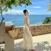 Vestido ajustado bodycon de estilo francés con tirantes plisados para mujer, estilo chic de vacaciones de verano y deseo puro con cuello de solapa, vestido largo