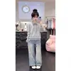Moletom Estiloso Primavera/Outono Estilo College Bloco de Cores Listrado Patchwork Gola Polo Jeans Fofo Doce Conjunto de Duas Peças