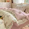 Conjunto de cama de quatro peças 100% algodão, lençol de algodão puro estilo ins fresco e fofo com desenho animado, capa de edredom, conjunto de três peças para dormitório 4