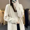 Casaco longo de tricô feminino com capuz, indústria pesada, torcido, cor sólida, sem botões, solto, emagrecedor, outono e inverno, 100% lã