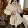 Chic estilo coreano invierno moda retro cuello alto estilo británico cordones cintura ceñida casual mezcla de lana gabardina chaqueta abrigo mujer
