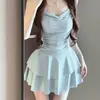 Traje de baño para mujer 2025 Nuevo estilo Ligeramente con sobrepeso Tie-Dye Azul Sexy Pecho Pequeño Cuello Halter Estilo Falda Cubre Vientre Aspecto Adelgazante Traje de baño de una sola pieza