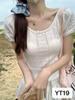 Camiseta de punto de seda helada calada de manga corta con lazo, nuevo estilo de verano, cuello redondo, corte ajustado, top corto petite, Fábrica