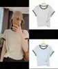 Top Casual Feminino de Verão Gola Redonda Manga Curta Malha Canelada Color Block Caimento Solto Emagrecedor Botão Lateral Seda Gelada