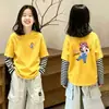 Nueva Camiseta de Manga Larga con Retazos Rayados de Algodón para Niñas, Informal Versátil con Cuello Redondo de Dibujos Animados, Elegante y Chic