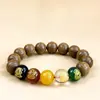 Pulseira de Madeira Subjugadora de Dragões das Seis Vias da Montanha Wutai com Contas de Buda de Padrão Completo de Material Antigo, Pulseira de Estilo Étnico com Contas de Buda das Cinco Vias da Sorte