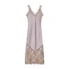 Venta al por mayor Primavera 2026 Nuevo Estilo Europeo y Americano Ropa de Mujer Vestido de Satén Adornado con Encaje de Pestañas 350340