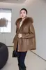 Outono e Inverno Casaco de Couro com Gola de Pelo Preta Feminino Cintura Ajustável com Cordão Comprimento Médio Estilo Quente Qualidade Garantida da Fábrica Original