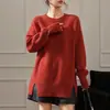 Suéter de tricô pulôver plus size com gola redonda e corte solto para mulheres, outono e inverno, com design de fenda, cor sólida, estilo casual