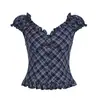 Estilo Chica de Ballet Francés Retro Nicho Cuadros Volantes Mangas Abullonadas Top Sexy Cuello en V Adelgazante Camiseta Estilo Europeo y Americano