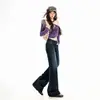 Jeans para mujer transfronterizos, ligeramente acampanados, estilo americano, de doble botón, tiro bajo, lavado azul grisáceo oscuro, pantalones largos, azul grisáceo oscuro, longitud extendida, Yichun