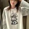 Camiseta de Manga Longa Listrada em Preto e Branco com Estampa de Cachorro Graffiti Retrô Americano Camiseta Básica para Mulheres Outono Inicial Versátil Moda Top