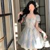 Vestido Suave y Esponjoso de Princesa Hada para Mujer Verano 2025 Aspecto Adelgazante en la Cintura Falda Corta Azul con Lazo de Ola de Agua