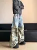Jeans Rasgados de Retazos Camuflaje Retro Americano de Dos Piezas Falsas para Hombres y Mujeres, Estilo High Street, Pierna Recta Holgada, Pantalones Casuales Ligeramente Acampanados