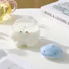 Taza de vidrio con tapa de animal de dibujos animados lindos, taza de agua de cerámica de alta estética para niñas, taza a juego para parejas, taza para beber de oficina
