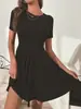 2025 Europeu e Americano Transfronteiriço Primavera e Verão Novo Vestido Curto Feminino Cor Sólida Costela Patchwork Casual Moda Gola Redonda Manga Curta