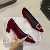 5168-13 Design de Alto Padrão Fivela Quadrada com Strass Cachemir Dedo Quadrado Elegante Salto Alto Feminino Salto Grosso Flats Vermelho