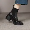 Botas de calcetín de plataforma de punto con parches impermeables de suela gruesa de moda para mujer, estilo nuevo, piel de vaca de primera capa, tacón grueso, tacón alto de 6 cm, botines de cuero genuino