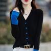 Cardigã Novo de Primavera e Verão Transfronteiriço Feminino Solto Color Block Fino de Manga Longa Elegante Peça Externa Roupas Femininas 2025 Agulhas