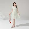 Vestido de Algodão Pesado Bordado de Ombro Reto Cintura Alta para Verão, Vestido Emagrecedor Soltinho Plus Size Feminino 66211