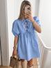 Vestido de Verano 2026 Versátil de Color Sólido con Cinturón y Corte A para Mujer Moda Manga Abullonada Vestido Corto Ropa Europea y Americana para Mujer