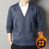 Estilo Nuevo Otoño e Invierno Cardigan de Punto Forrado de Felpa para Hombres de Mediana Edad y Mayores Chaqueta de Punto Cuello en V Tejido Jacquard de Papá para Hombres