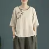 Camiseta de Algodón Lino Étnica con Bordado Floral Retro Artístico, Cuello Redondo, Manga Corta, Nueva de Verano, Talla Grande, Holgada, Versátil