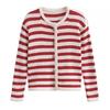 Cardigan Tricotado Personalizado Estilo Intelectual Fio Cardado Moderado Listrado Tricô Versátil Feminino Malha para Primavera e Outono