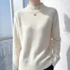 Suéter de lana 100% pura con cuello alto medio para mujer, en un suave color rosa, de corte holgado, diseño sencillo, adecuado para el uso diario y se puede usar como capa interior