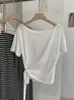 Kekezoon Diseño de Botones en Cuello Asimétrico Color Sólido Irregular Top Camiseta de Manga Corta Ceñido a la Cintura Toma Real Ropa de Mujer 7921