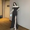 Vestido Negro Estilo Hepburn Francés para Mujer, Verano de Gama Alta Elegante Ceñido a la Cintura Vestido de Fiesta de Cumpleaños con Falda Larga de Abertura