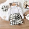 Ropa para niños Baoxi estilo Chanel cuello de malla manga abullonada top de manga larga falda corta irregular sombrero conjunto de tres piezas traje