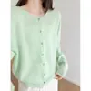 Cardigã de malha de lã de cashmere sem costura, cor verde claro, peça única para mulheres, para usar por baixo no outono e inverno, suéter curto de gola redonda, jaquetinha