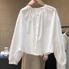 Top Camisa Versátil Holgada de Color Sólido de Manga Larga Plisada con Cuello Redondo de Nuevo Estilo Dongdaemun de Corea del Sur para Mujer