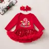 Venta directa de fábrica vestido navideño para niña pequeña enterizo de malla con lentejuelas de manga larga para bebé con diadema y calentadores de piernas conjunto
