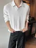 Camisa polo lisa texturizada de manga comprida para homens, top tipo camiseta casual para primavera e outono, corte solto com gola de lapela, adequada como peça de base