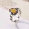 Yilu Prata S925 Prata Esterlina Âmbar Vintage Padrão de Pergaminho Desgastado Cabaceira da Sorte Novo Estilo Chinês Anel Elegante Anel de Prata