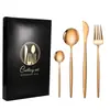 Juego de cubiertos de acero inoxidable(Incluye cuchillo de mesa, tenedor de mesa, cuchara de mesa y cuchara de postre.) En una elegante caja de regalo, ideal para cocinas domésticas, restaurantes, cenas y reuniones, así como para regalos de inauguración de casa o de boda.