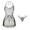 Bata Nocturna Estilo Chino con Estampado Dorado de Grulla, Lencería Sexy Transparente con Tirante de Hombro Halter y Borla, Atractiva Banda para el Vientre sin Espalda