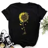 Camiseta Casual de Algodón Linda con Estampado de Girasol y Mariposa Cómoda para Mujer Top Negro Camiseta Gráfica