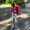 Jeans acampanados de tiro bajo retro americano lavados con una caída fluida, versátiles para principios de otoño, pantalones largos, disponibles en tallas extendidas, admite envío directo
