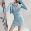 Outono 2024 estilo coreano garota quente zíper gola simulada saia quadril manga longa malha vestido preto vestido justo para mulheres