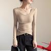 Camiseta Modal de Cuello Bajo para Mujer en Primavera, Otoño e Invierno, Camiseta de Manga Larga con Cuello Redondo, Top Cálido Delgado Ajustado, Nuevo Estilo